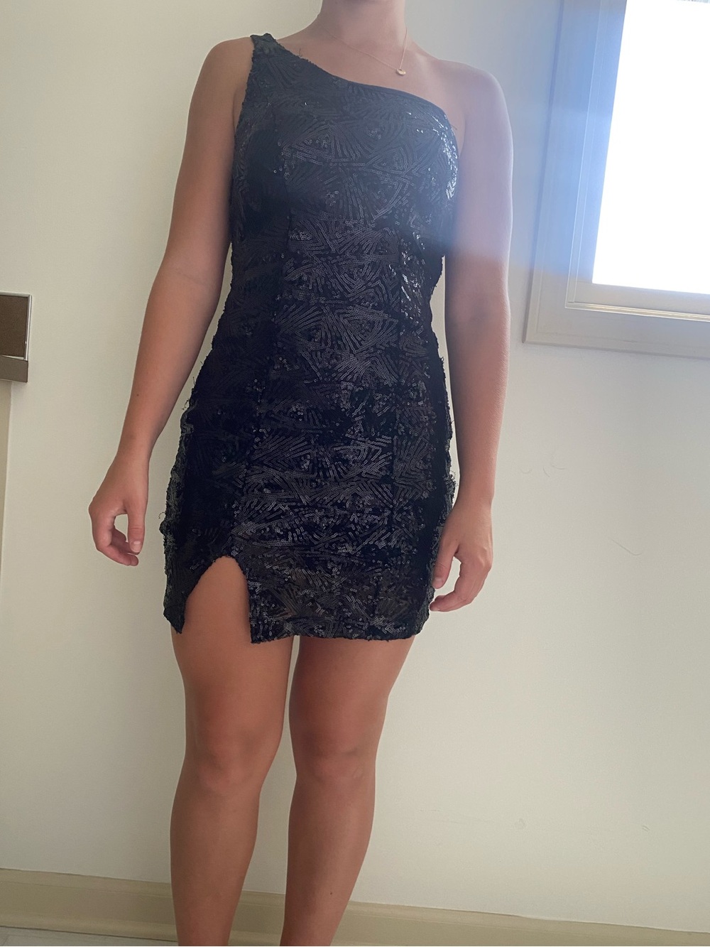 Emerald Sundae Black One-Shoulder Sequin Mini Dress